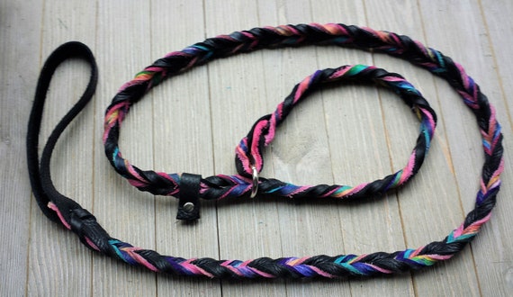 Slip Lead, Braided Bullhide lead, Black, tie dye, leather, handmade leash, Mendota