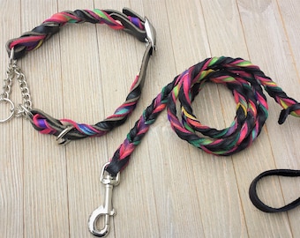 1" Leather Martingale AND Leash,  Braided Custom Leather Dog Collar and Lead, Artsy collar and leash