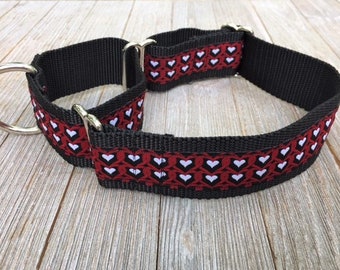 Red, White and Black Hearts, 1 1/2" Wide Martingale Collar