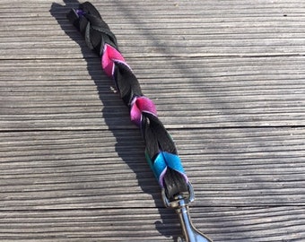 May include: A black braided dog lead with pink, blue and green accents and a silver hook.