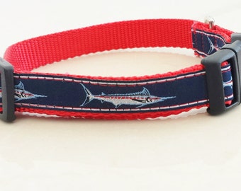 1" Wide Adjustable Dog Collar, Buckle Collar, Fish on navy background, red webbing