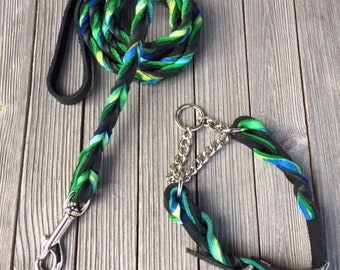 3/4" Leather Martingale Collar AND Leash,  Braided Custom Leather Dog Collar and Lead, Artsy collar and leash