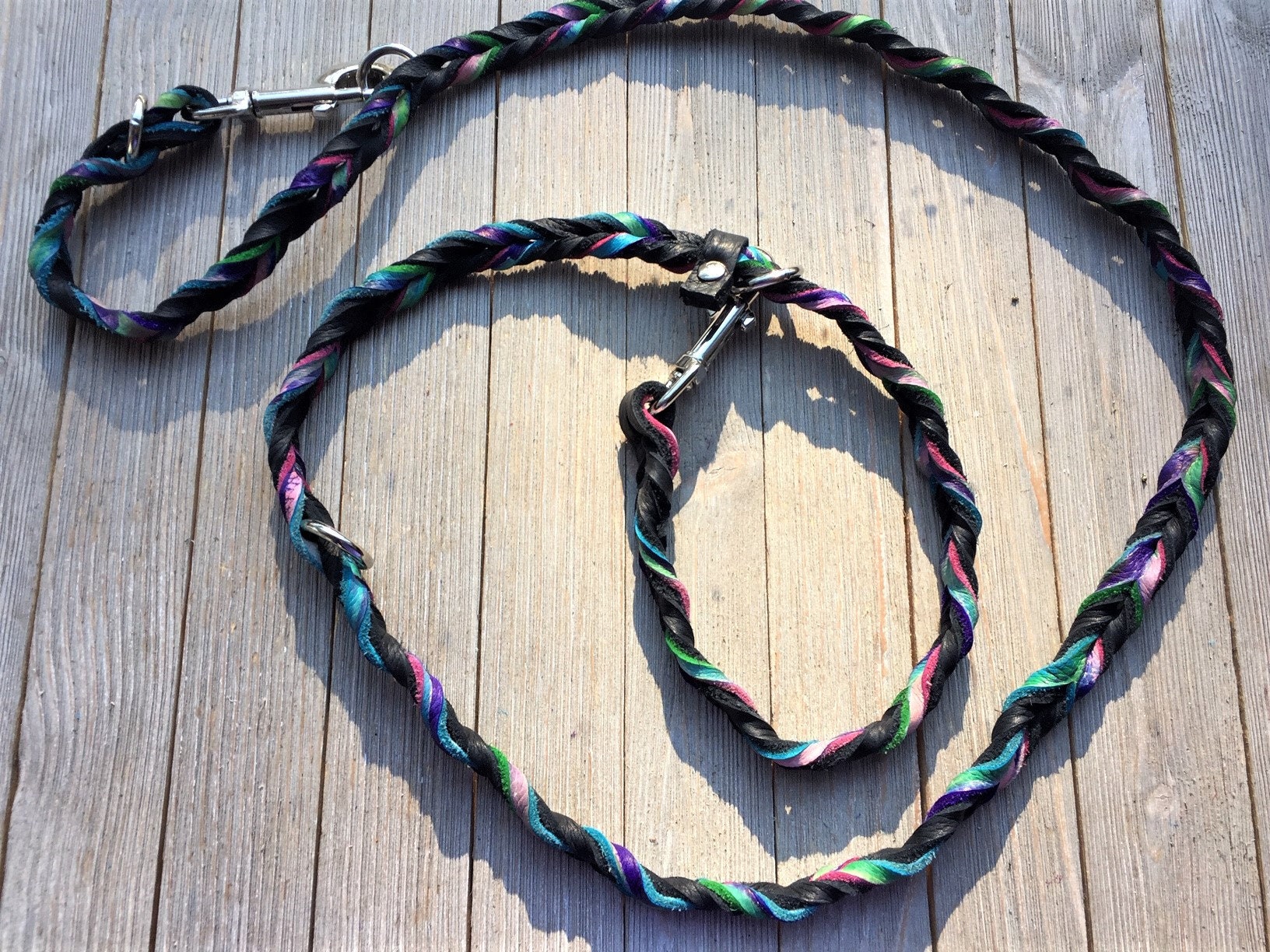 The Johnnie Leash, Braided Bullhide Lead, Black, Tie Dye, Leather, Handmade Leash