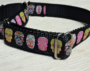 1" Wide Jacquard Martingale Collar, Sugar Skull, Day of the Dead