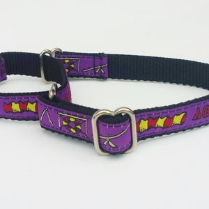 May include: Purple dog collar with black webbing and a silver buckle. The collar features a red, yellow and white agility pattern and the word "AGILITY" printed on it.