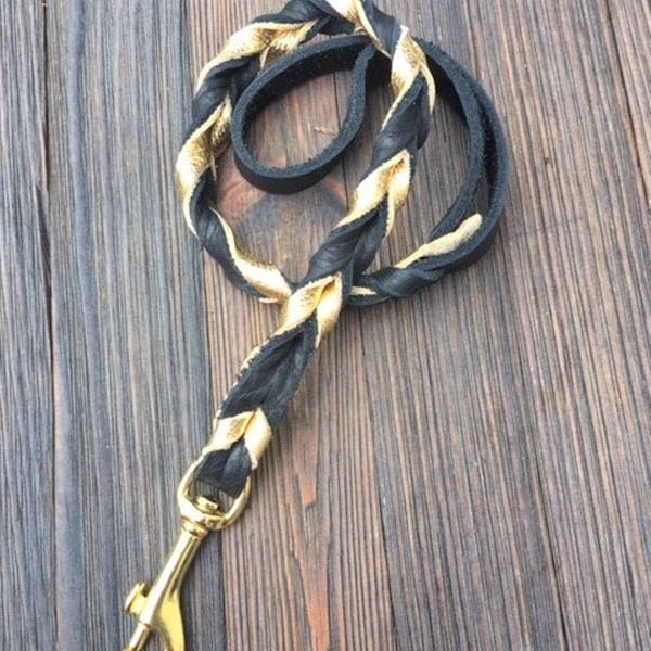 Braided leash,  Metallic Gold and bullhide, Metallic leather