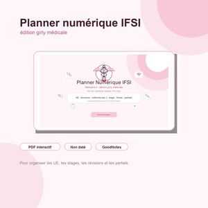 Peut inclure: Un planner numérique pour étudiants en soins infirmiers avec un thème rose. L'interface affiche un logo de caducée médical, des icônes de stéthoscope, cœur, pilule et seringue, ainsi que le texte "Planner Numérique IFSI" et "PDF interactif".