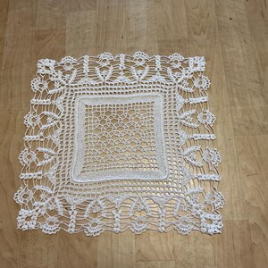 Handmade Square Crochet Lace Doily, 16 inch Classic White Cotton Table Centerpiece, Vintage Shabby Chic Table Overlay Dresser Scarf