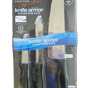 May include: A 3-piece Crofton Chef's Collection knife armor set in original packaging. Includes a 3.5 inch paring knife, a 5.5 inch serrated utility knife, and an 8 inch chef knife. The knives feature black handles and silver blades.