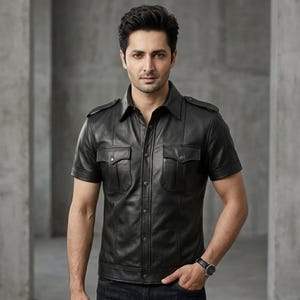 May include: A black short-sleeved leather shirt featuring a classic collar, a front button-down closure, two chest pockets with buttoned flaps, and shoulder epaulets. The garment has a structured fit with visible vertical seam detailing.