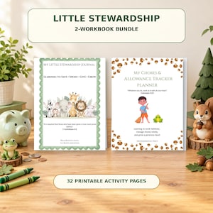 May include: A two-workbook bundle titled Little Stewardship, featuring My Little Stewardship Journal with safari animals and My Chores & Allowance Tracker Planner with mushroom borders, a child sweeping, and a frog, totalling 32 printable activity pages.