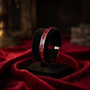 Può includere: Un bracciale circolare caratterizzato da un inserto rosso vivace con un motivo testurizzato simile alla pelle di rettile. La fascia è incorniciata da bordi in metallo color argento lucido, creando un contrasto tra il centro rosso e il bordo.