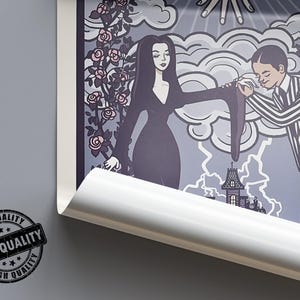 May include: A rectangular poster print featuring a stylized illustration of a woman in a long black dress and a person in a striped suit. The scene includes pink roses, clouds, lightning, and a house. A circular black stamp reads HIGH QUALITY.