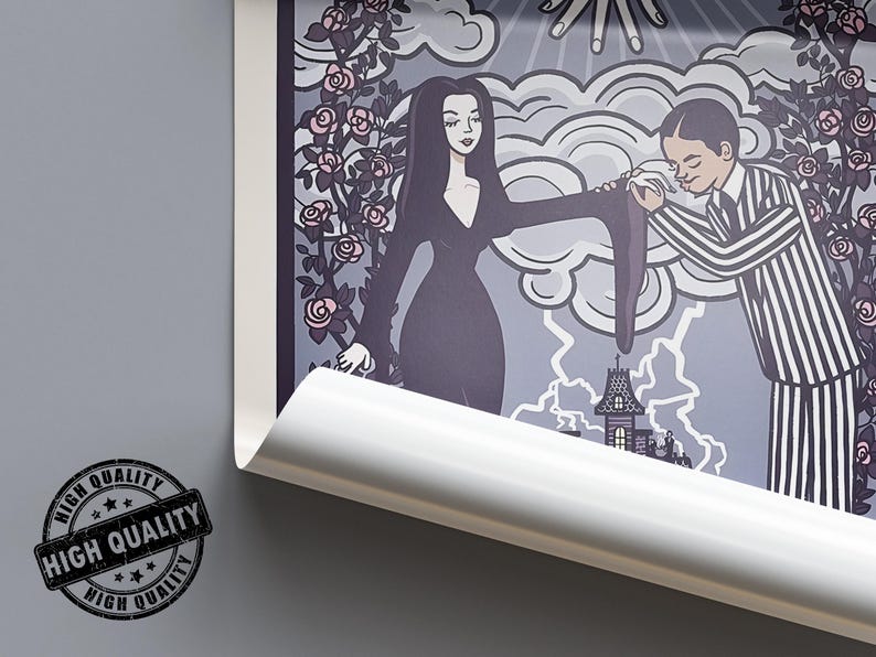 May include: A rectangular poster print featuring a stylized illustration of a woman in a long black dress and a person in a striped suit. The scene includes pink roses, clouds, lightning, and a house. A circular black stamp reads HIGH QUALITY.