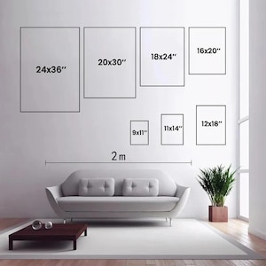 May include: A wall display showing seven rectangular frames in various sizes labeled 24x36", 20x30", 18x24", 16x20", 12x18", 11x14", and 9x11" inches. A horizontal line indicates a 2m width above a light gray sofa and a small potted plant.