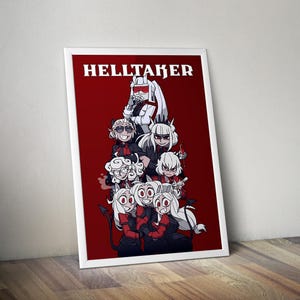 Puede incluir: Un póster enmarcado con el texto HELLTAKER en blanco en la parte superior, sobre un fondo rojo oscuro. La ilustración muestra un grupo de personajes animados con cabello blanco, vistiendo trajes negros y rojos, en una composición apilada.