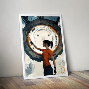 May include: A framed vertical art print featuring a person with a ponytail wearing an orange t-shirt and dark pants, standing before a large, circular, metallic mechanical structure with glowing white light and an orange circular symbol in the corner.