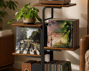 Planter Style Record Player Stand with Vinyl Storage – 3 Tier Wooden Turntable Table – LP Album Display Organizer for Living Room & Bedroom