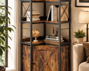 78" Tall Corner Bookshelf – L Shaped Wood  Bookcase with Storage Cabinet – 6 Tier Display Shelf for Living Room, Bedroom & Home Office