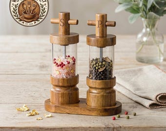 Acacia Wood Salt & Pepper Grinder Set | Modern Spice Mill with Acrylic Design