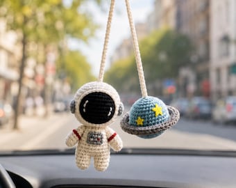 Crochet Astronaut Car Mirror Charm, Handmade Amigurumi Space Ornament, Cute Planet Car Hanging Decor, Rear View Mirror Gift
