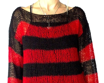 Red Black Striped Oversized Mohair Sweater, Unisex Knitwear, 90s Red Striped Jumper, Grunge, Punk, Rave, by myAqua