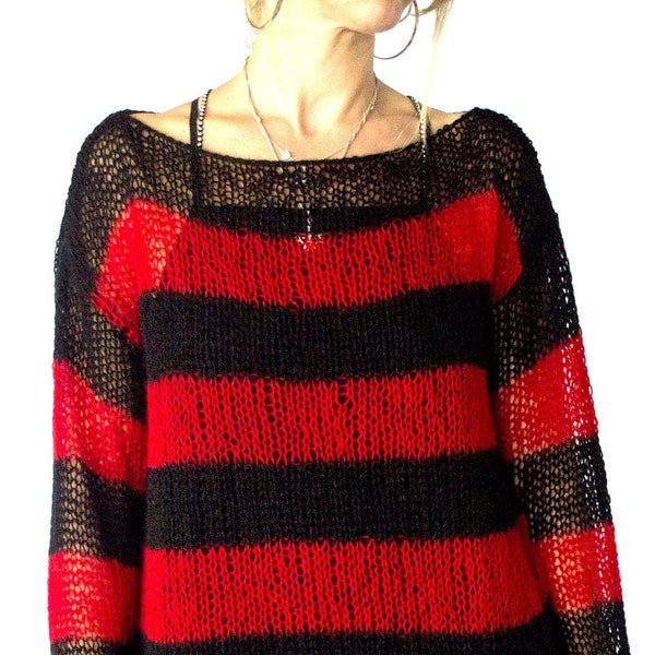 Red Black Striped Oversized Mohair Sweater, Unisex Knitwear, 90s Red Striped Jumper, Grunge, Punk, Rave, by myAqua