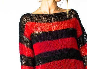 Punk Mohair Sweater Striped Jumper Red 