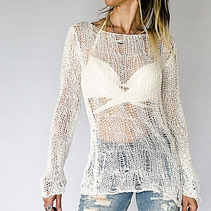 White Knit Cotton Sweater for Summer, Womans cobweb jumper with Long Sleeves,  Beach Swimwear Cover  Up Sweater, Lightweight