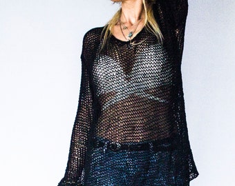Cotton Mesh Sweater Wth Long Sleeves, Black Loose Knit