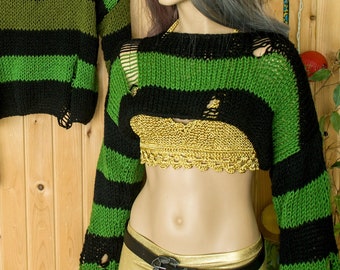 Green Black Cropped Striped Sweater, 90s Style Grunge Clothing Jumper with Shreds, Agender Punk Shirt, Crop Jumper Goth Outfit by myAqua