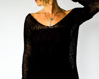 Regalos de ropa personalizados Suéter grunge negro, suéter de mohair transparente con ropa gótica de manga extra larga, por myAqua