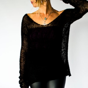 Custom Clothing Gifts Black Grunge Sweater, See Through Mohair Pullover with Extra Long Sleeves  Gothic Clothing, by myAqua