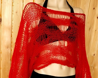 Suéter de mohair rojo, suéter boho transparente, suéter romántico recortado con mangas anchas, prendas de punto llamativas y únicas de myAqua