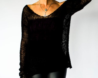 Black Mohair V Neck Sweater, Loose Fit Sheer Grunge Pullover with Extra Long Sleeves by myAqua