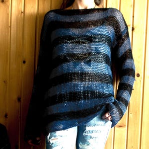 Grunge Mohair Sweater, Black Striped Sweater, Punk Rock Concert Outfit, Nonbinary Mohair Jumper, Blue Striped Sweater Kpop Outfit by myAqua