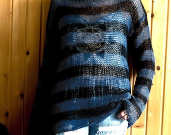 トップス layered punk grunge mohair knit sweater Grunge Mohair Sweater, Black Striped Sweater, Punk Rock