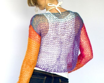 Handknit Mohair Sweater, Sheer Mohair Top, See through Crop Top, Mesh Knit Holey Sweater, Rainbow, Thin Knit Jumper, Knit Mesh Top by myAqua