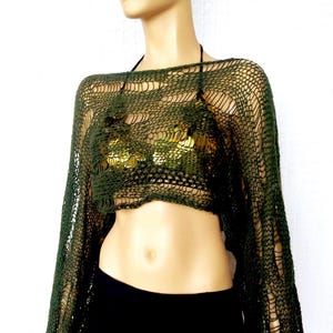 moss green mohair sheer knit sweater, dark cottage core hand knit witchy forest shrug, Fairycore summer gift for bohemian festival-goers