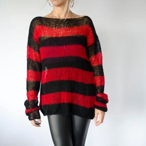 Red and Black Mohair Sweater, Unisex Knit Top, Striped Jumper, 90s Grunge, Punk, Rave, by myAqua image 2