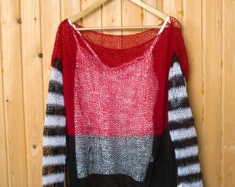 Striped Mohair Sweater, Red & Black Mohair Jumper, Hand-knit Open Knit Pullover, Alt Fashion Pop Punk Mohair Sweater by myAqua