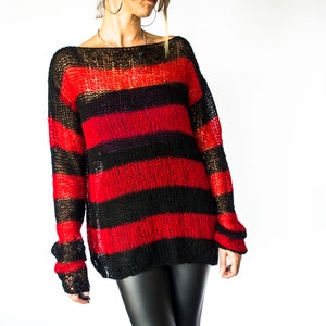 Punk Mohair Sweater, Striped Jumper, Red Black 90s Grunge Tops, Loose Sheer Mohair Sweater, Oversized Knit Top, Unisex by myAqua