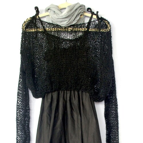 MyAqua Sheer Black Sweater, Women's Sheer Knit Sweater Top with Long Sleeves, A Fully See Through Punk Rock Knit Shirt, Lightweight Dressy Lace
