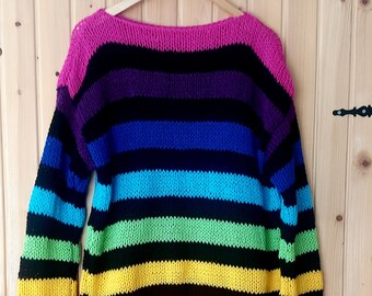 Striped Rainbow Sweater, Nonbinary Rainbow Jumper, Oversized Grunge Sweater, Pride Outfit, Unisex Rainbow Pullover by myAqua