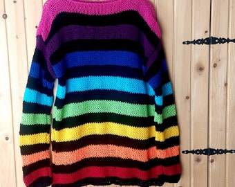 Oversized Rainbow Sweater, 80s Retro Striped Cardigan, Hand Knit Sweater, Grunge Fairycore, Nonbinary Punk "Size Small" by myAqua