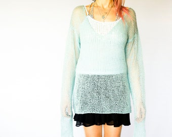 Oversized Mohair Sweater, Sheer Blue Aquamarine Jumper with Very Long Sleeves, V Neck Tunic Lightweight Sweater, Evening Sweater, by myAqua