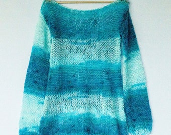 Blue Angora Mohair Sweater, Lightweight Sweater, Aqua Blue Knit Top, Long Sleeve Wool Jumper, Bohemian Clothing, Delicate Sheer and Soft