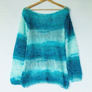 blue angora mohair sweater, loose knit, handknit, delicate, seethrough, long sleeve mohair jumper