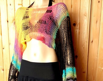 See Through Cropped Sweater in Black and Rainbow colors, Fairy Grunge Boho Bolero Shrug with Wide Long Sleeves by myAqua