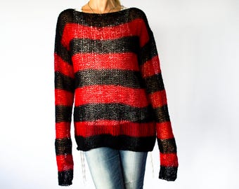 Red and Black Mohair Sweater, Unisex Knit Top, Striped Jumper, 90s Grunge, Punk, Rave, by myAqua